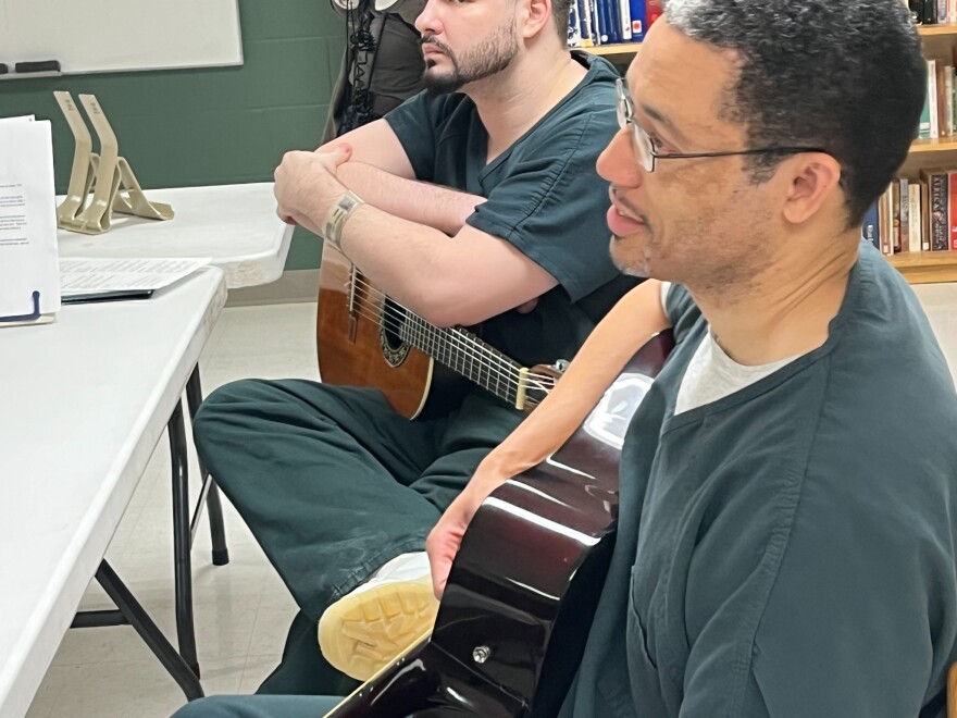 Guitar lessons at the Franklin County Jail in Greenfield, Massachusetts, are part of a larger program of offerings. Researchers and some corrections officials say having options for leisure time promote better mental health, among other benefits. Eddie and James are among the students. They asked not to have their last names published for reasons of privacy.