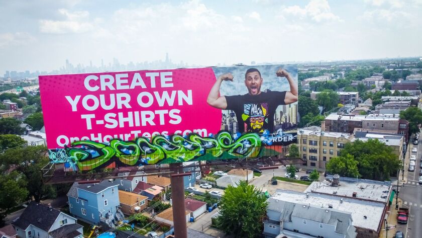 A billboard along the Kennedy Expressway that Joos hit with graffiti in 2021. Afterward, wrestler Colt Cabana, who’s featured in the ad, took to TikTok to say, somewhat tongue in cheek, “Don’t tag me.”