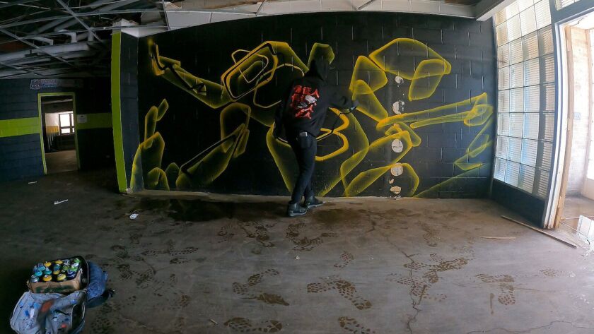 Joos paints a wall at an abandoned Chicago school.