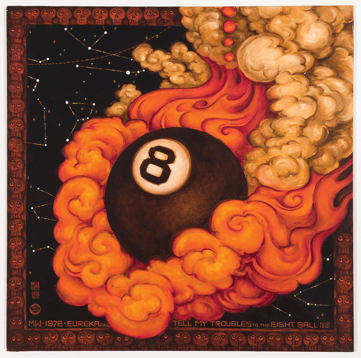 A painting of an 8-ball from pool with flames and smoke suggesting it is traveling at high speed.