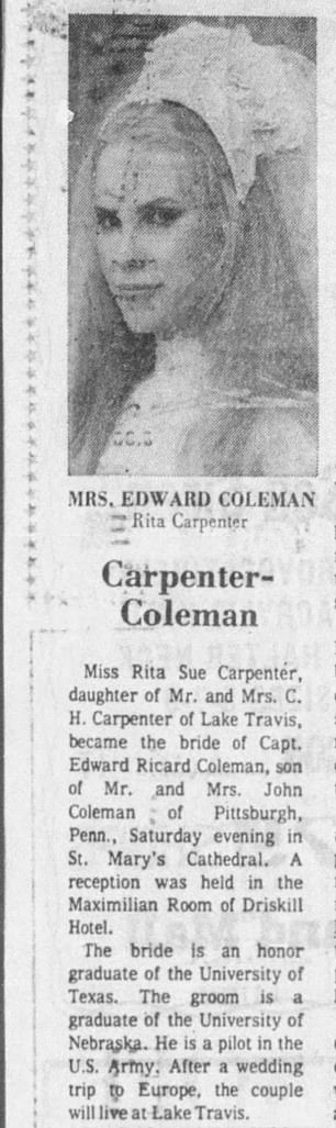 Rita first got married in 1973 to US Army Pilot Edward Coleman