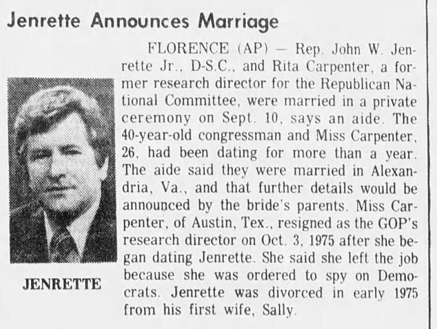 A newspaper ad announced the marriage of Rita to first husband John Jenrette in 1976. He was a Democrat congressman - with Rita quitting her job with the GOP after being ordered to spy on her new husband's party