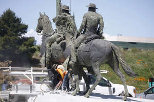 The process to take down the Thomas Fallon statue began in downtown San Jose, Calif., Tuesday, April 18, 2023.