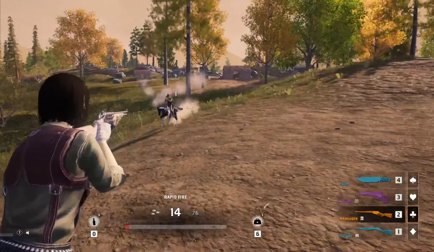 Screenshot of Grit gameplay showing third-person POV of a woman shooting a rifle at a person on horseback.
