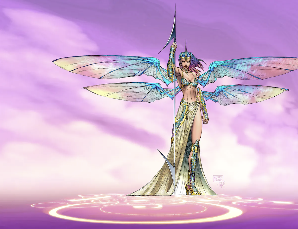 a woman with wings on a purple background with a spear