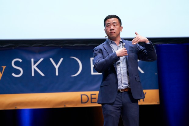 Venture capitalist Chon Tang, founding partner of UC Berkeley startup accelerator SkyDeck, speaks at a SkyDeck event on April 4, 2023 (courtesy of SkyDeck/photo by Marla Aufmuth)