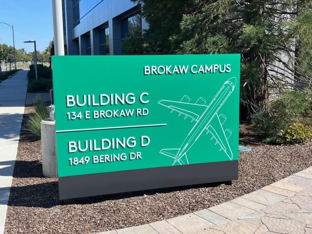 A sign in a tech complex that Google has named its Brokaw Campus, located on Brokaw Road between North First Street and Bering Drive in north San Jose, April 2023.(4-26-2023) (George Avalos/Bay Area News Group)