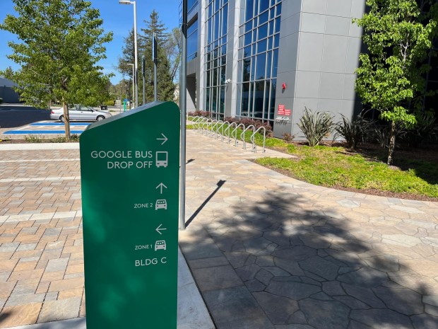 A sign providing directions on a Google campus on Brokaw Road between North First Street Bering Drive in north San Jose, April 2023, (George Avalos/Bay Area News Group)