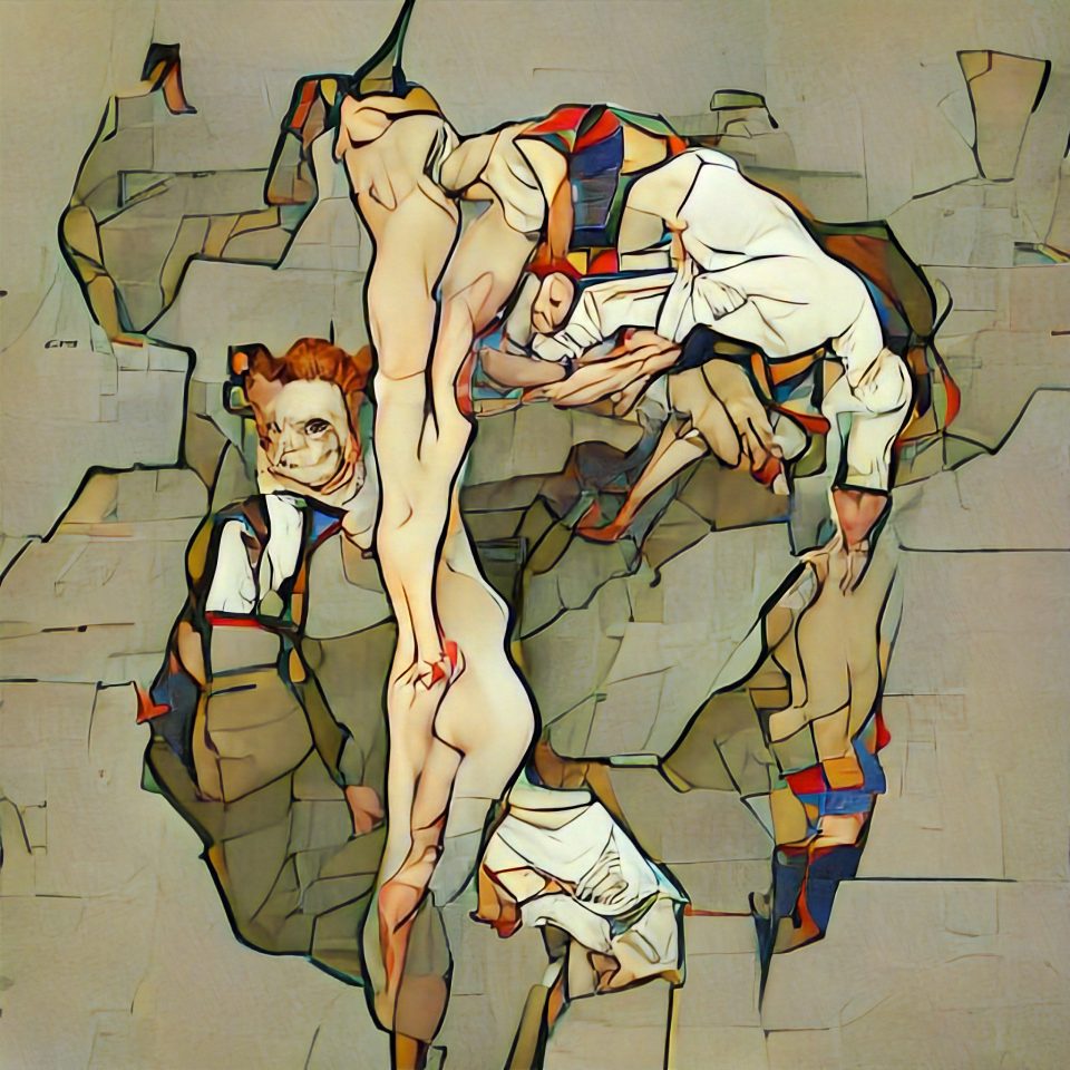 A machine-generated image showing a tangled collection of abstract human figures