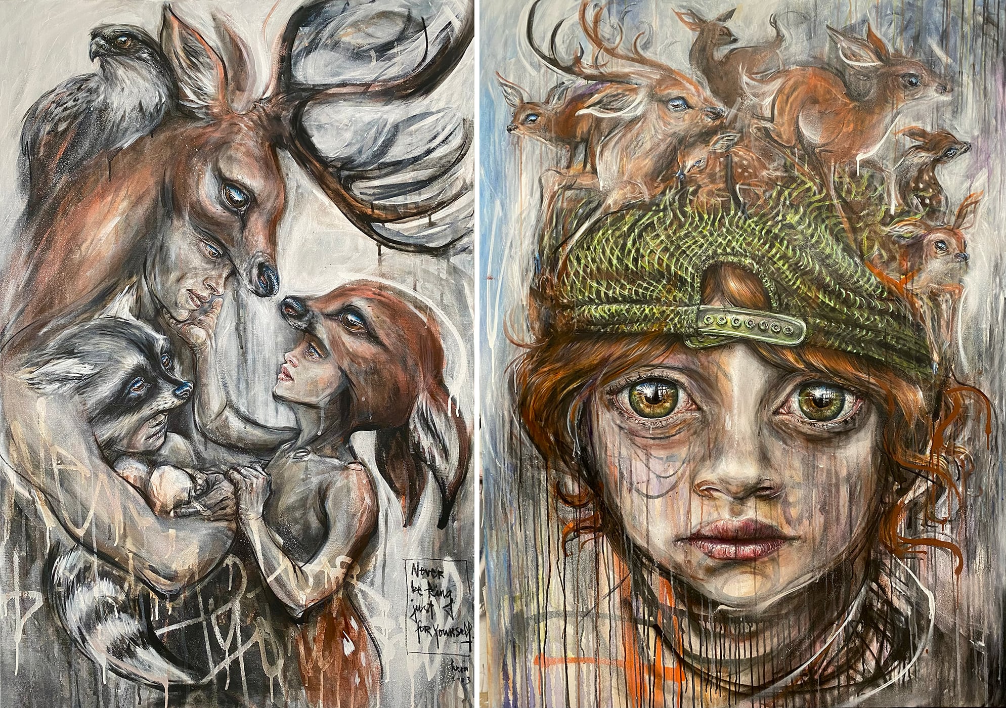Two images, on the left a painting of a woman wearing a deer headdress facing a man with a similar buck garment, who is cradling a raccoon baby. On the right is a woman facing the viewer wearing a green hat with several tiny deer on her head