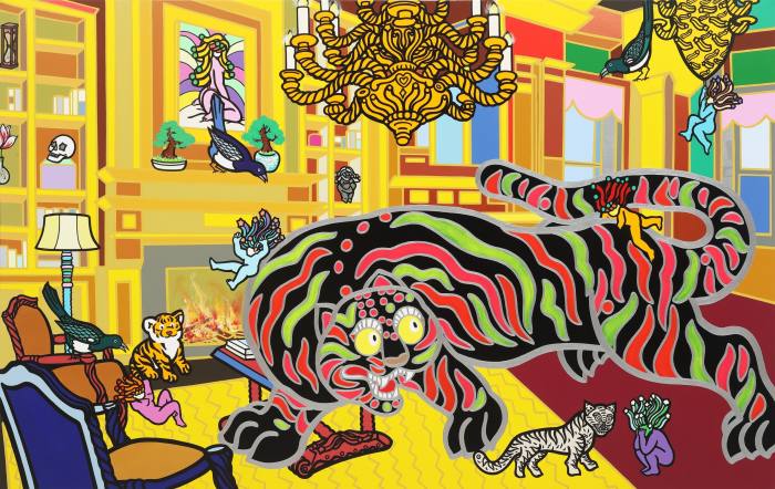 Image of a brightly coloured tiger in a sitting room, with small figures climbing on him, and cats around him