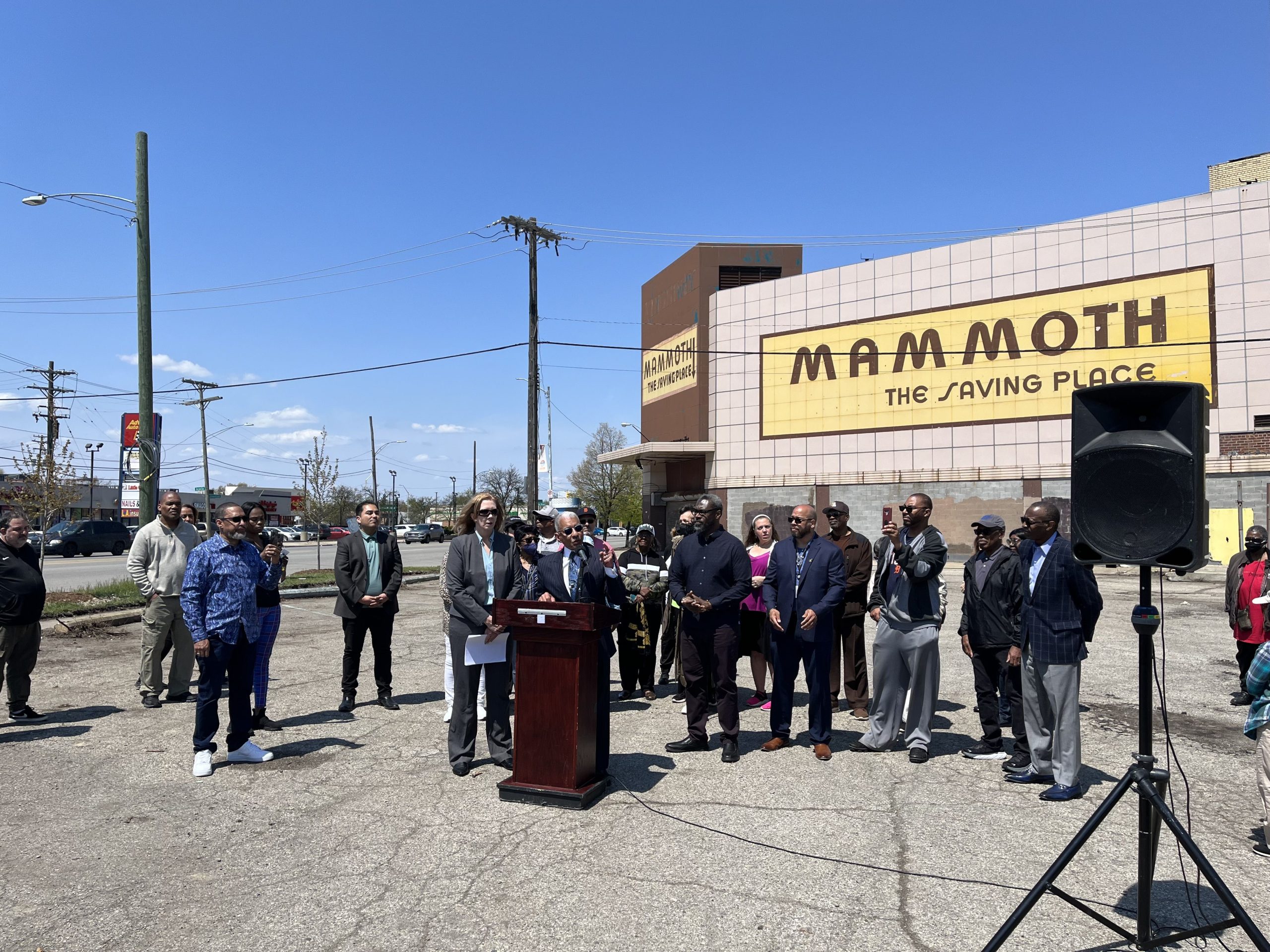 City officials hold a press conference outside the Mammoth building in May 2023