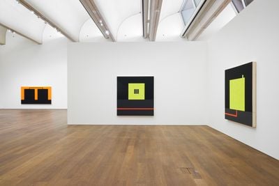 Left to right: Peter Halley, Black Cells with Conduit (1986); Yellow Prison with Underground Conduit (1985); Cell with Smokestack and Underground Conduit (1985). Exhibition view: Conduits: Paintings from the 1980s
