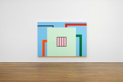 Peter Halley, Prison (1989). Acrylic, fluorescent acrylic, and Roll-a-Tex on canvas. One panel. Collection CAPC musée d'Art contemporain, Bordeaux. Exhibition view: Peter Halley, Conduits: Paintings from the 1980s, Mudam Luxembourg (31 March–15 October 2023). © Photo: Mareike Tocha/Mudam Luxembourg.