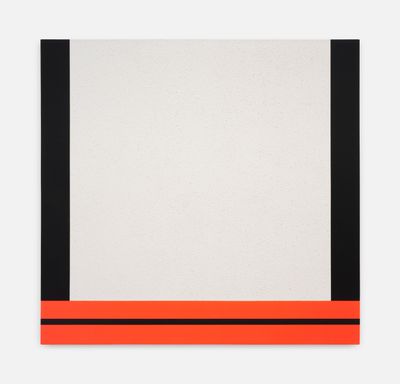 Peter Halley, White Cell with Conduit (1986). Acrylic, fluorescent acrylic, Flashe, and Roll-a-Tex on canvas. 187.96 x 203.2 cm. Exhibition view: Conduits: Paintings from the 1980s, Mudam Luxembourg (31 March–15 October 2023). © Photo: Mareike Tocha/Mudam Luxembourg.