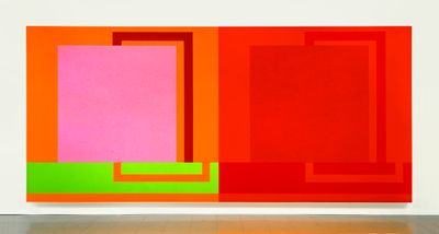 Peter Halley, A Monstrous Paradox (1989). Acrylic, fluorescent acrylic, and Roll-a-Tex on canvas. 229.24 x 495.3 cm.