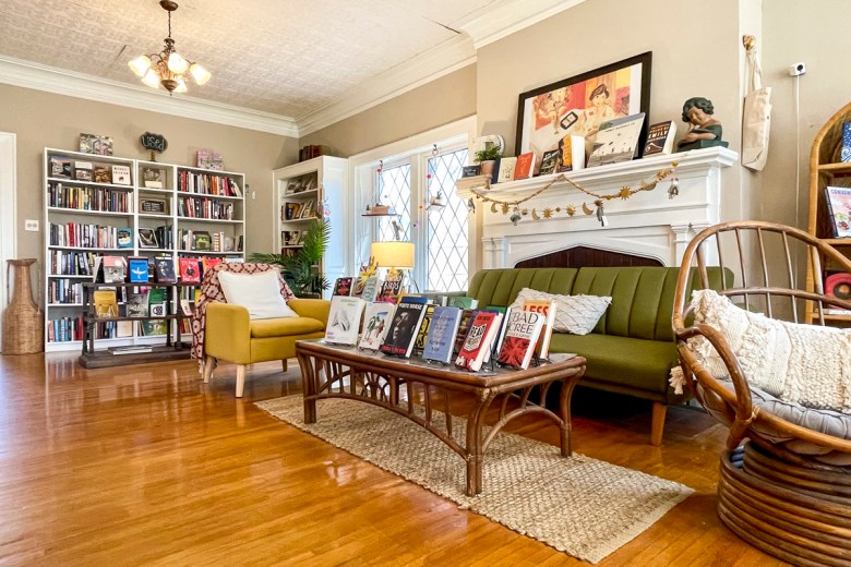 Interior photo of a bookstore inside an old home