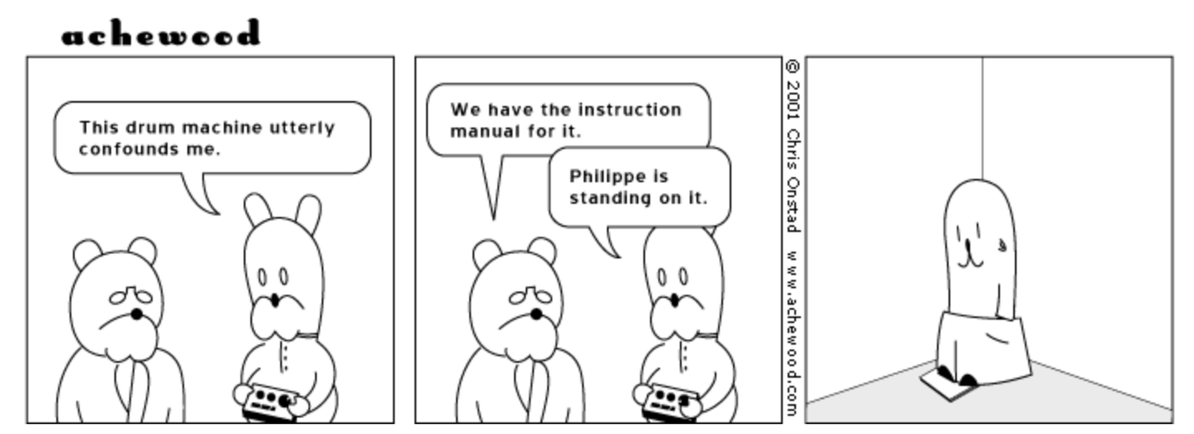 First panel: Téodor tells Cornelius Bear, “This drum machine utterly confounds me.” Second panel: Cornelius says, “We have the instruction manual for it.” Téodor replies, “Philippe is standing on it.” Third panel: A confused-looking otter is standing on a book in a corner.