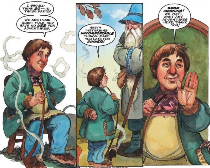 Bilbo with a bowl cut tells Gandalf that no one in the Shire is interested in adventures.