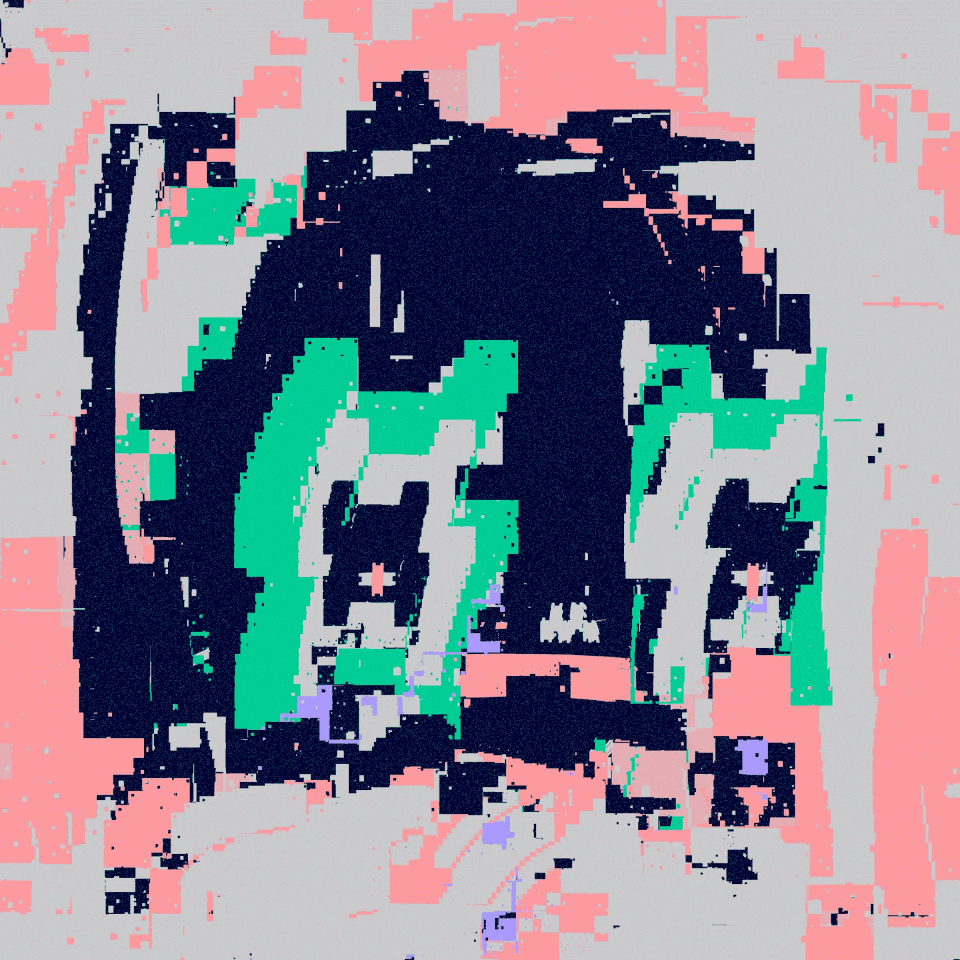 A glitchy, distorted face.