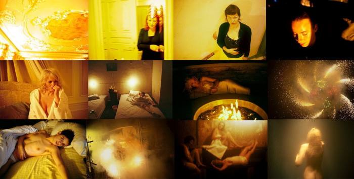 A four by three grid of photos, all gold in tone, showing a severe woman, a worried woman in a bathrobe and a Catherine wheel firework, among other images