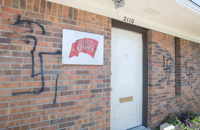 Nazi symbols painted on the Pensacola Liberation Center on West Yonge Street in Pensacola on Friday, Aug. 4, 2023. The overnight graffiti is the latest anti-Semitic vandalism in the Pensacola area.