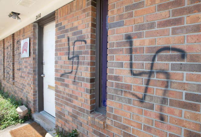 Nazi symbols painted on the Pensacola Liberation Center on West Yonge Street in Pensacola on Friday, Aug. 4, 2023. The overnight graffiti is the latest anti-Semitic vandalism in the Pensacola area.