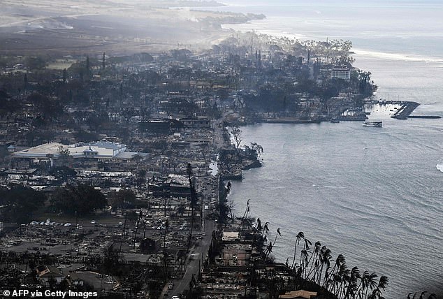 An aerial view shows destroyed homes and buildings that burned to the ground around the harbor and Front Street in the historic Lahaina Town in the aftermath of wildfires in western Maui in Lahaina, Hawaii, on August 10, 2023