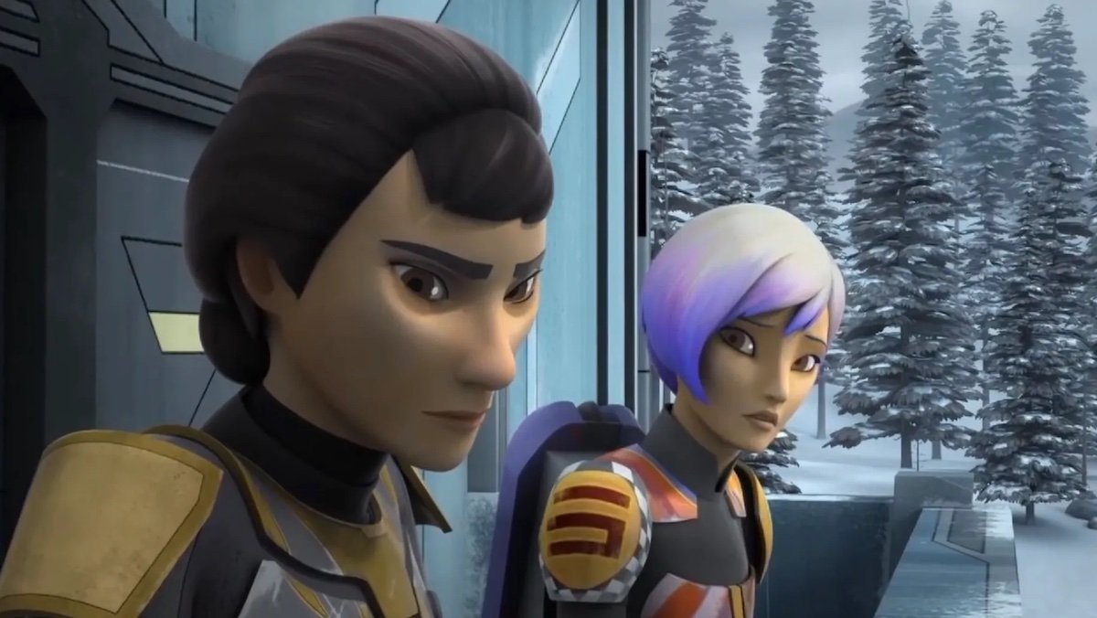 Ursa and Sabine Wren both looked worried on a balcony outside in the snow
