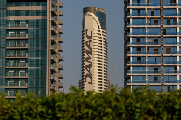 The logo of Damac Properties Dubai sits on display in the Business Bay district in Dubai