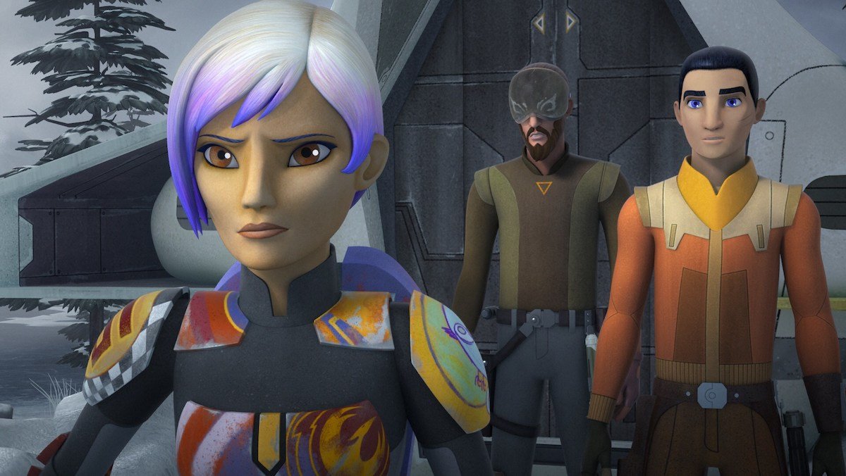 Sabine Wren looks troubled in front of Kanan with his helmet and Ezra on Star Wars Rebels