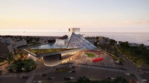 An aerial view rendering of the expanded Rock & Roll Hall of Fame in Cleveland, Ohio.
