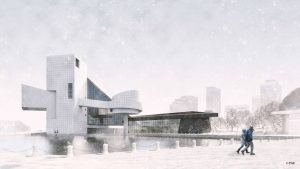 A rendering of the building showing its waterfront-facing facade.