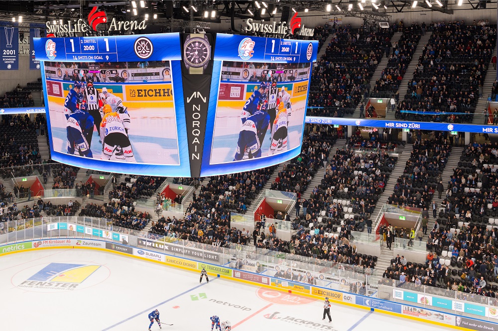 Samsung LED Cube display at a hockey game at Swiss Life Arena