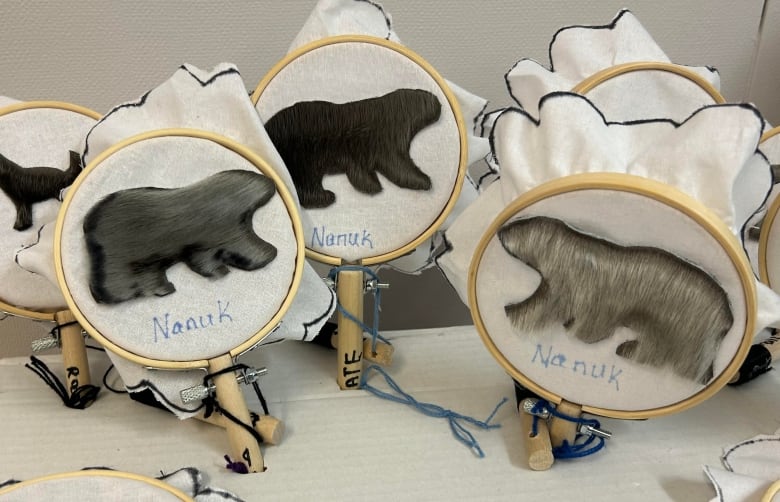 Miniature drums with polar bears in seal fur.