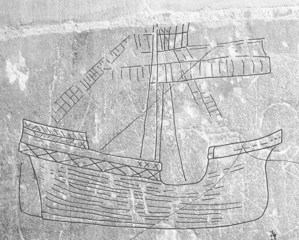 Image of a ship etched onto the wall, showing the detail of the rigging and the planks on the hull.