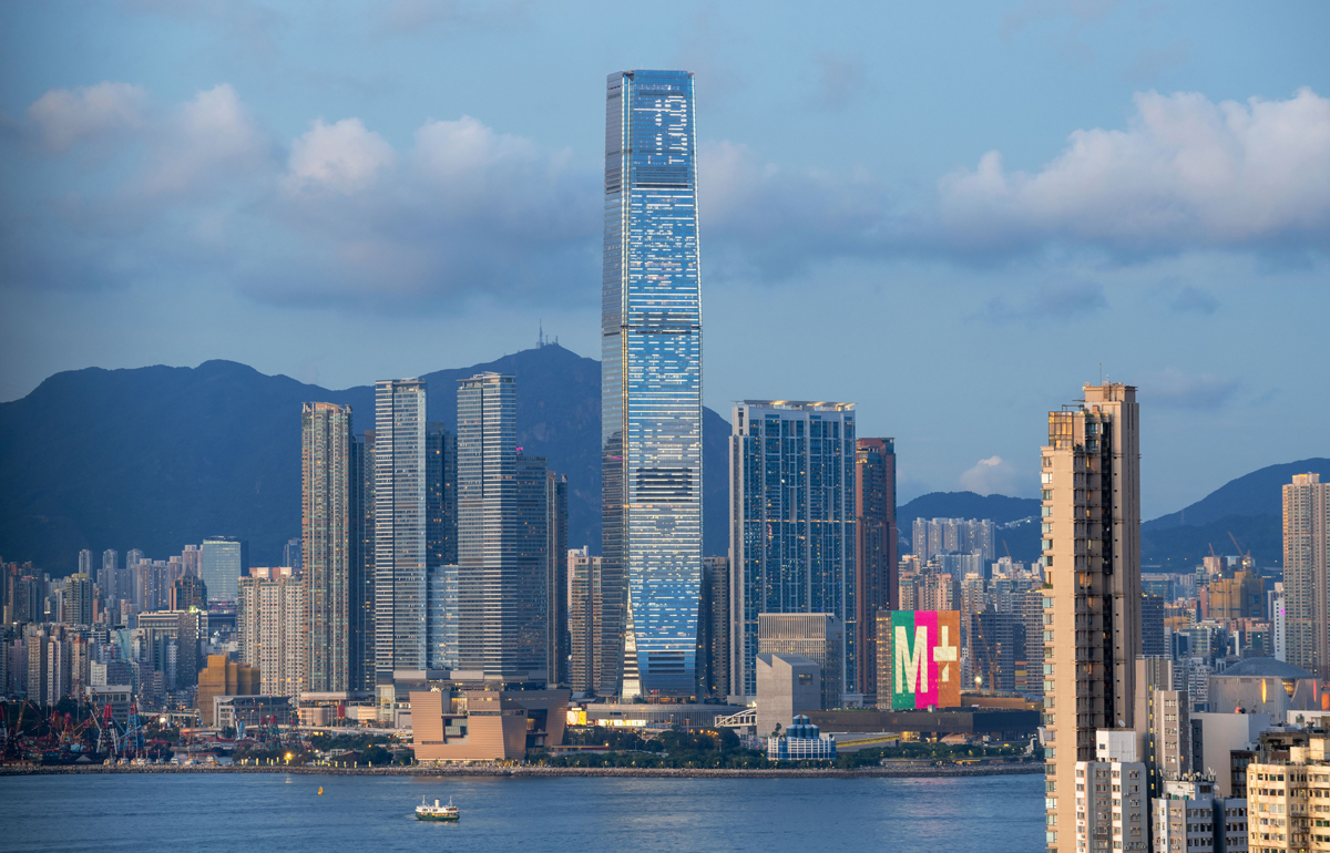The ICC International Commerce Centre, and Hong Kong's brand new M+ museum of visual culture, Victoria harbor, Hong Kong, China. (Photo by: Bob Henry/UCG/Universal Images Group via Getty Images)