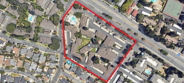 The 122-unit Mosaic Fremont apartment complex located at 39867 Fremont Boulevard in Fremont, shown within the outline. Boundaries are approximate.(Google Maps)