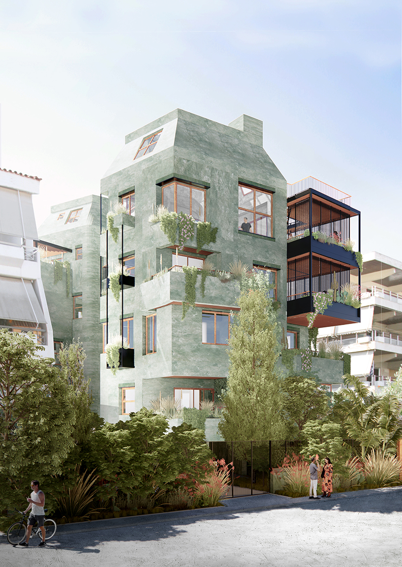 green cement exterior enfolds residence in athens by oikonomakis siampakoulis architects
