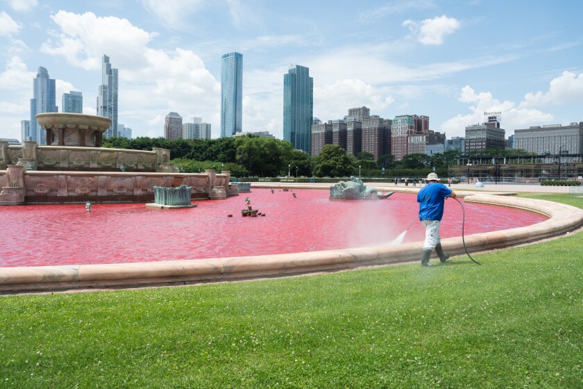 A Chicago Park District worker removes paint from the perimeter of the Buckingham Fountain, which had been reportedly vandalized Saturday morning, June 22, 2024. | Pat Nabong/Sun-Times