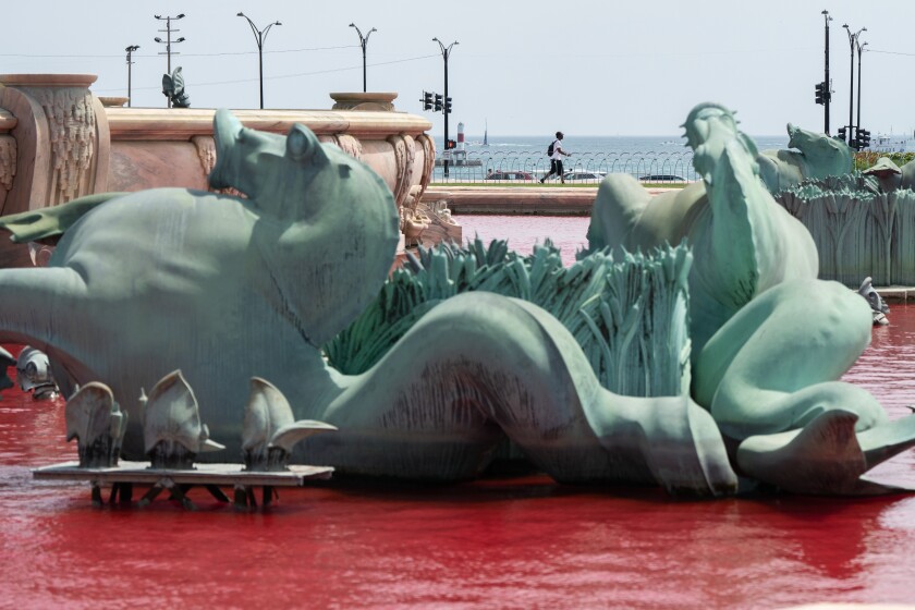 Water in the Buckingham Fountain, which had been reportedly vandalized Saturday morning, appears red, Saturday, June 22, 2024. | Pat Nabong/Sun-Times