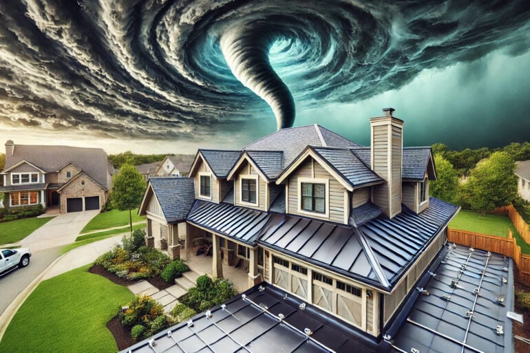 A digitally manipulated image showing a suburban neighborhood with a large, modern house in the foreground. The sky above is dominated by a dramatic, dark storm cloud formation, with a massive tornado funnel extending down towards the ground, creating a sense of impending disaster. The neighborhood appears calm and well-maintained, contrasting sharply with the violent storm in the background.