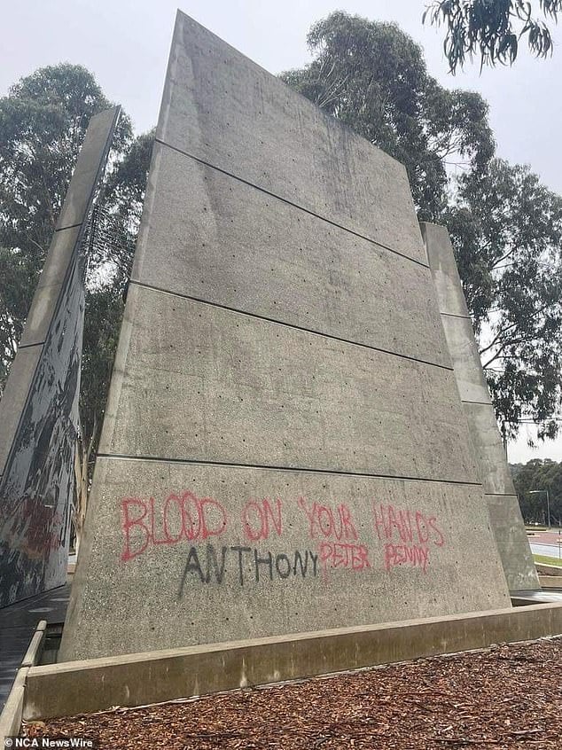 The messages read 'blood on your hands' and 'from the river to the sea, Free Palestine', while another singled out Prime Minister Anthony Albanese, Opposition Leader Peter Dutton and Foreign Minister Penny Wong